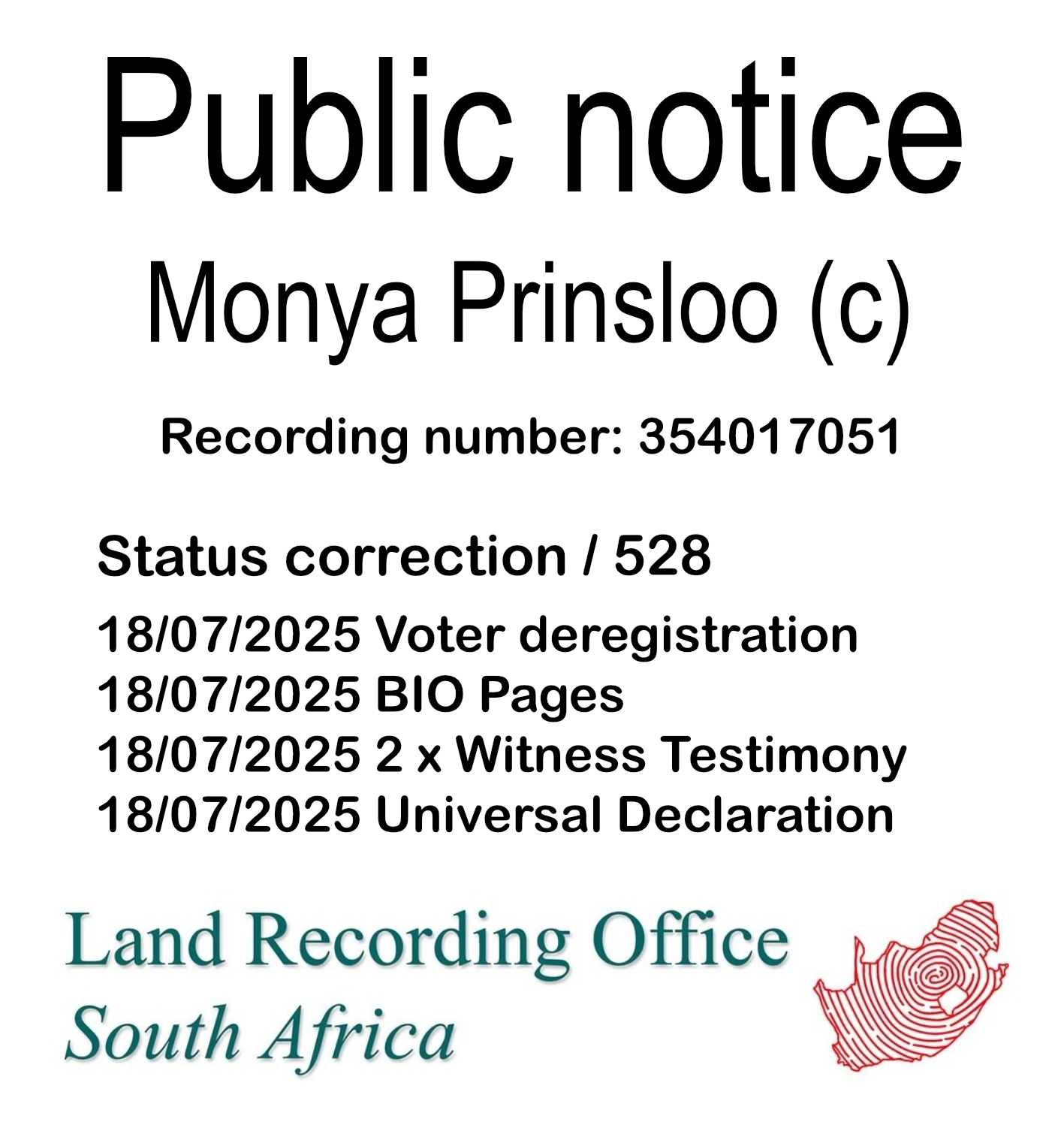 Public notice Monya Prinsloo (c) Recording number 354017051